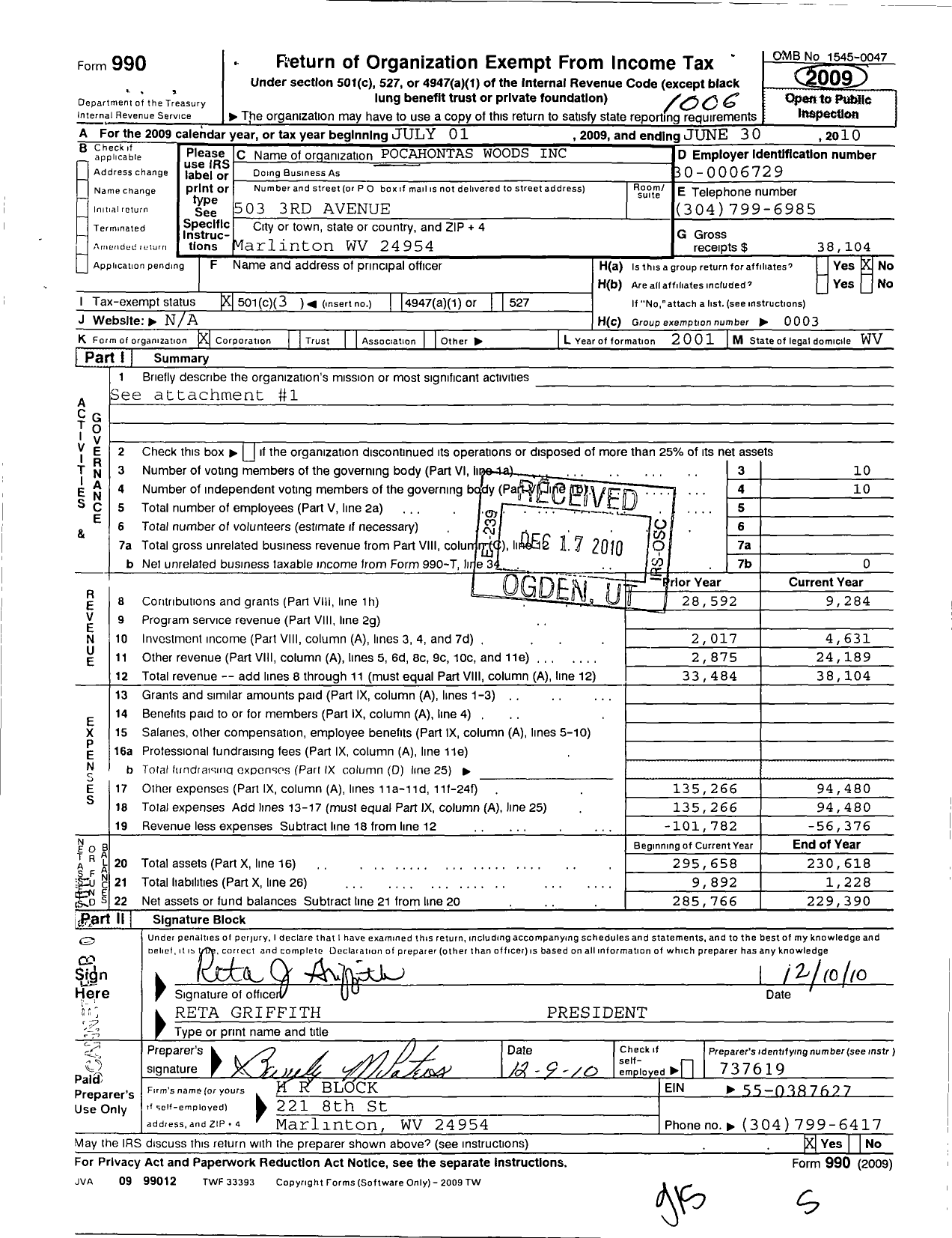 Image of first page of 2009 Form 990 for Pocahontas Woods