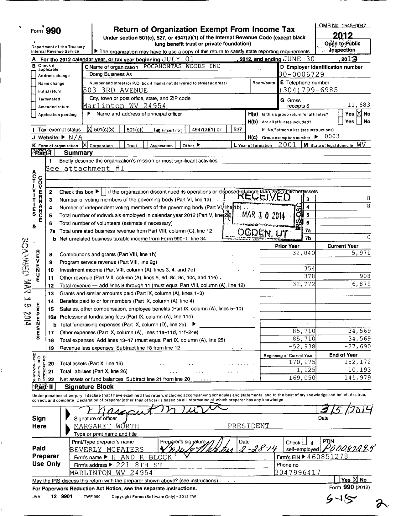 Image of first page of 2012 Form 990 for Pocahontas Woods