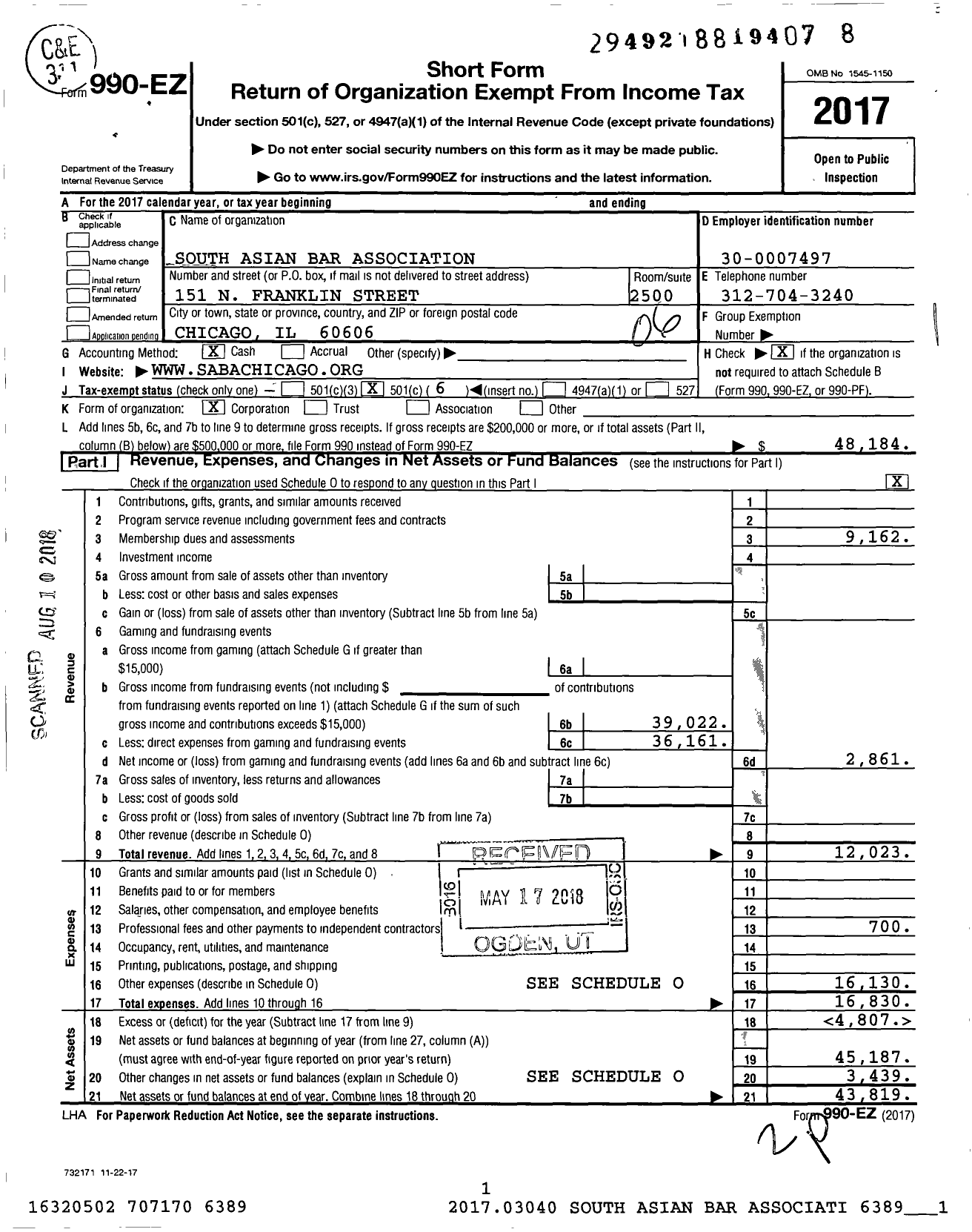 Image of first page of 2017 Form 990EO for South Asian Bar Association