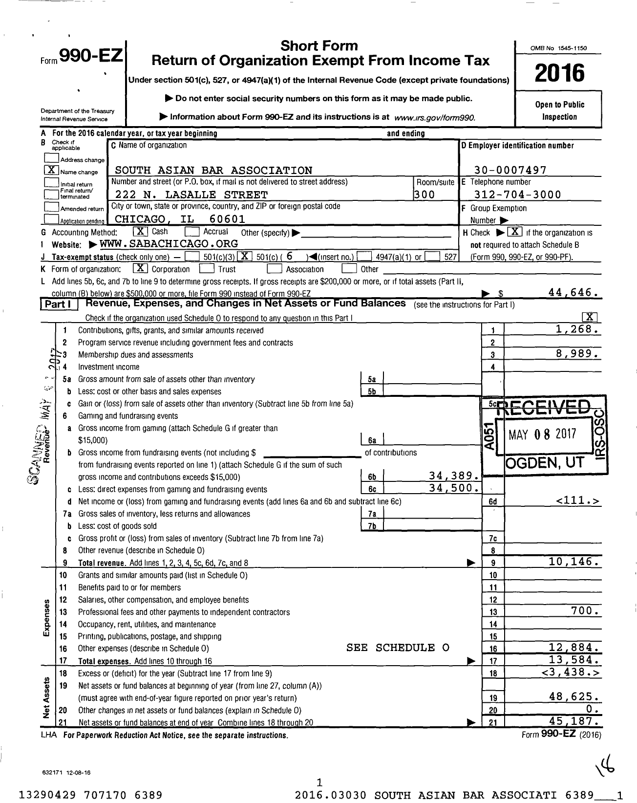 Image of first page of 2016 Form 990EO for South Asian Bar Association