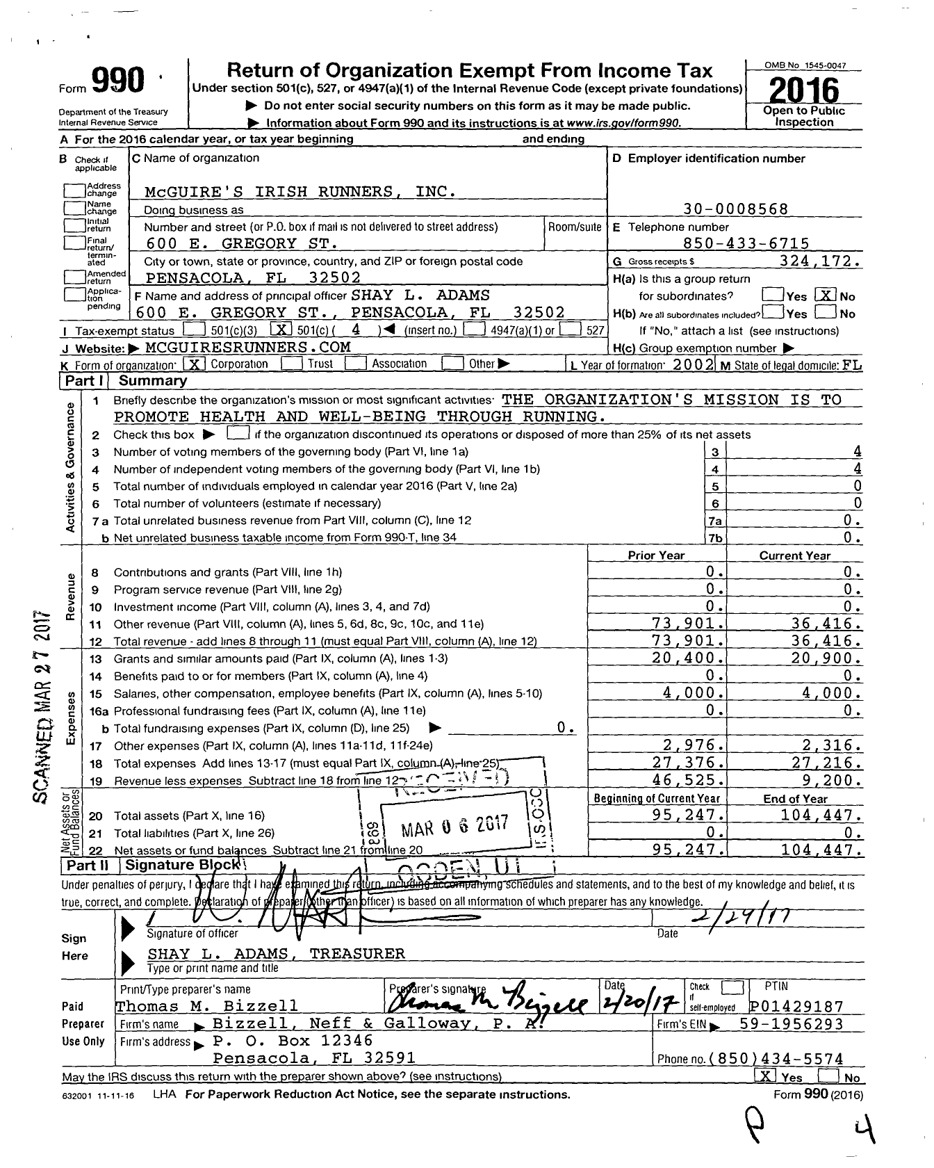 Image of first page of 2016 Form 990O for McGUIRE'S IRISH RUNNERS