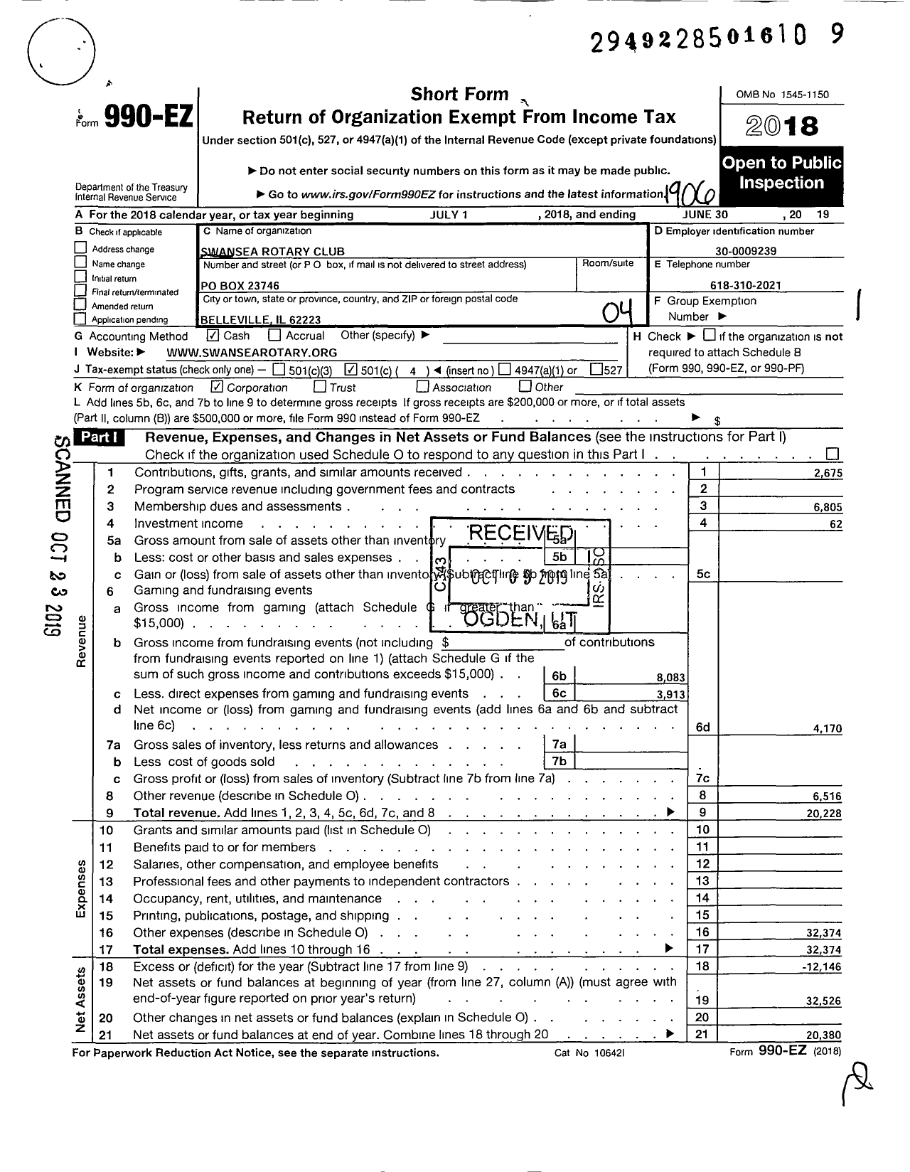 Image of first page of 2018 Form 990EO for Swansea Rotary Club