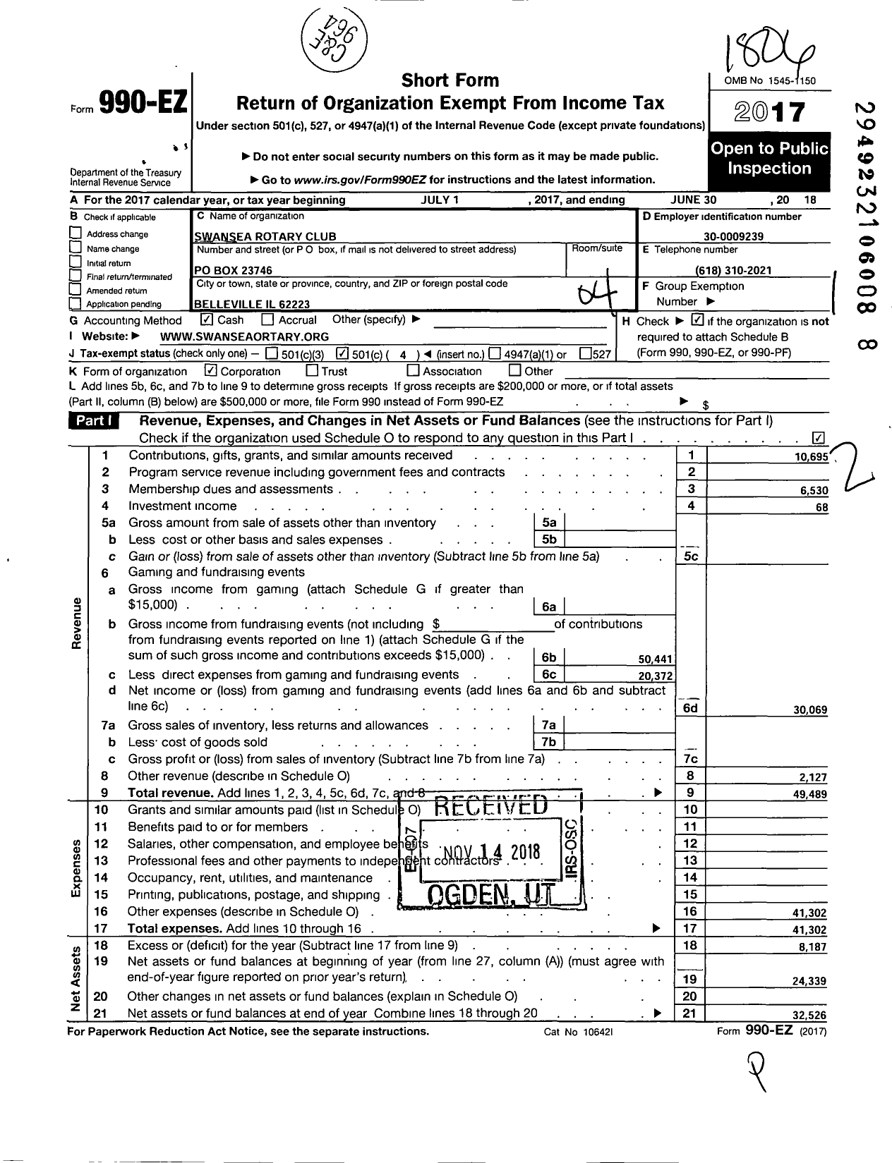 Image of first page of 2017 Form 990EO for Swansea Rotary Club