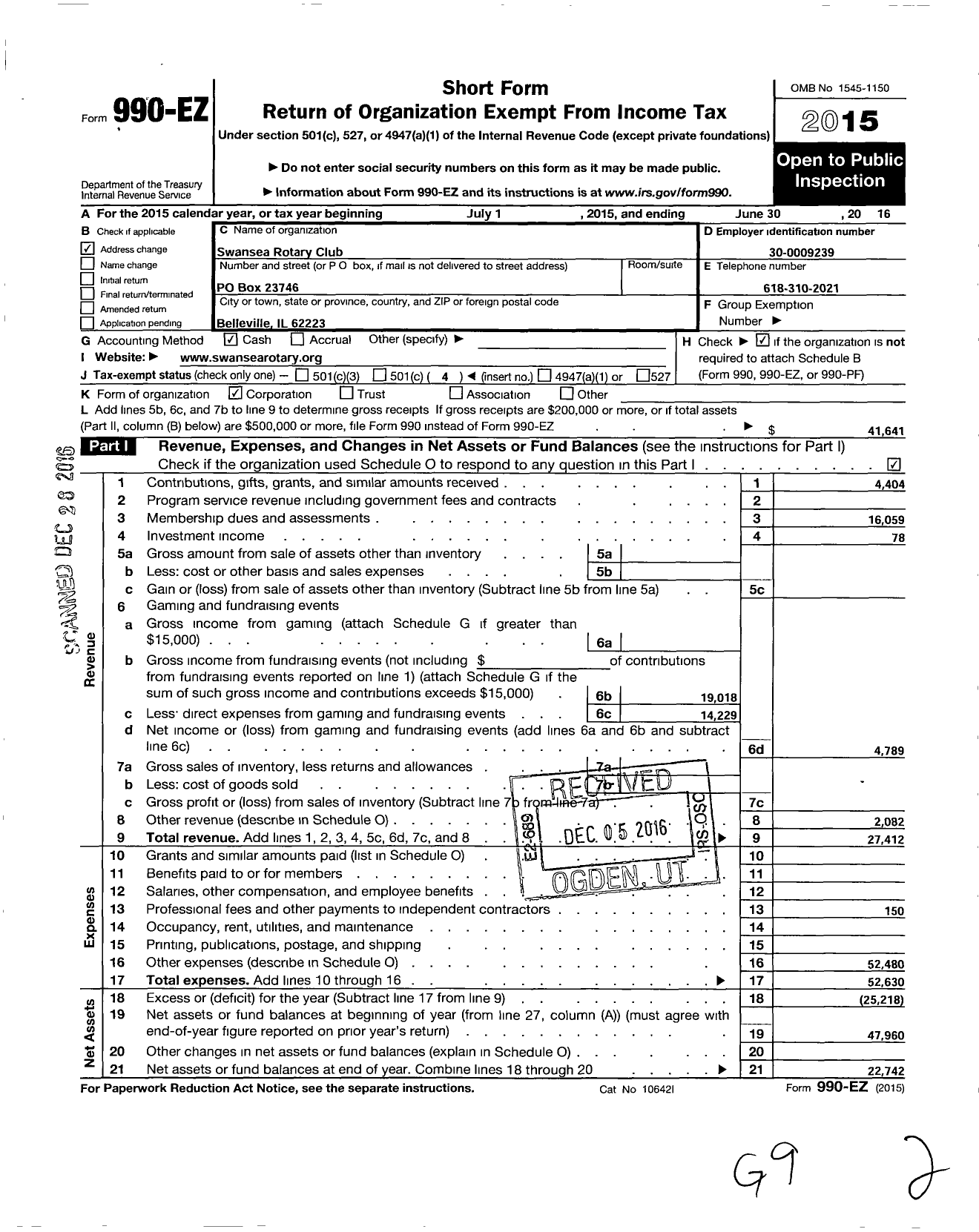 Image of first page of 2015 Form 990EO for Swansea Rotary Club