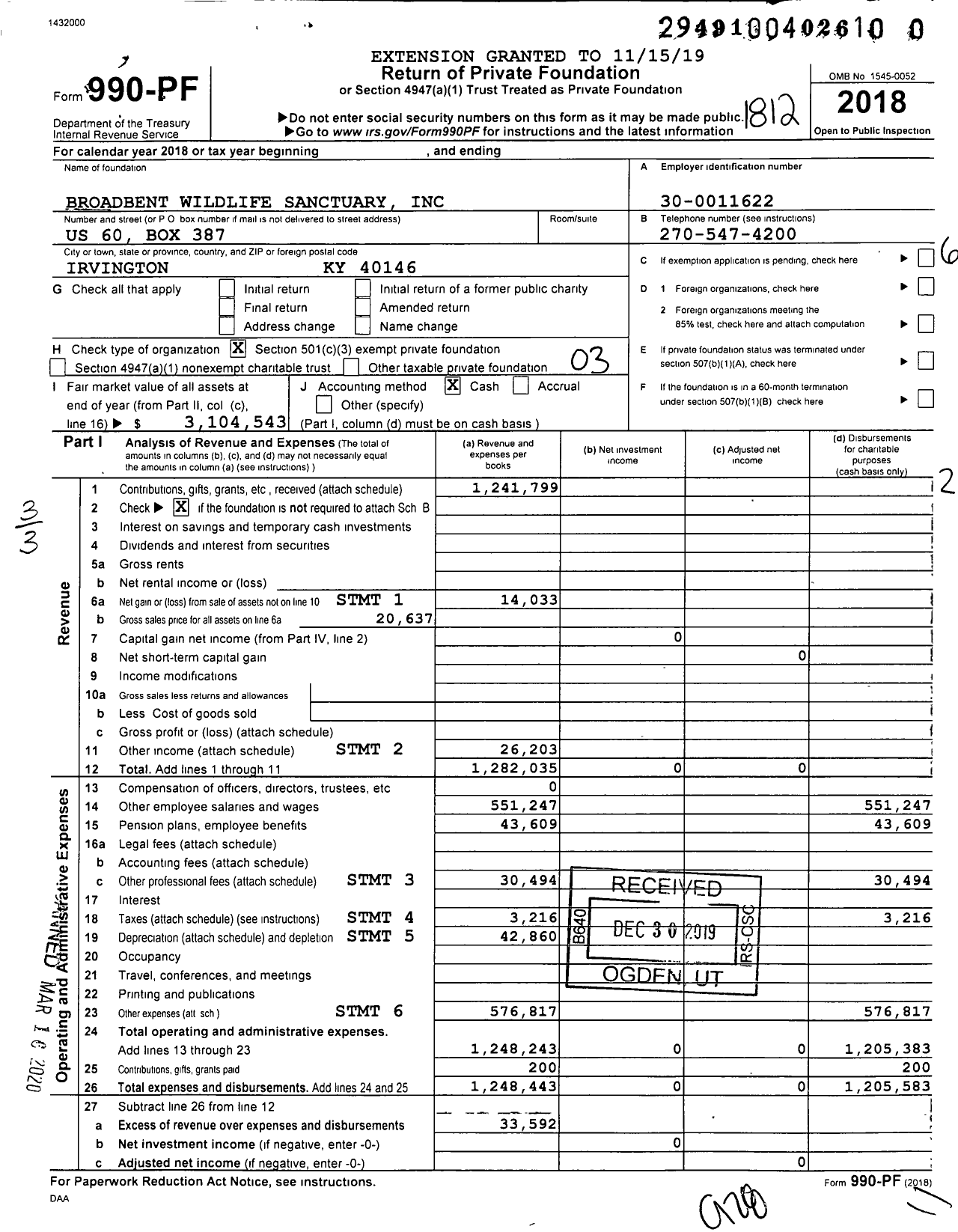 Image of first page of 2018 Form 990PR for Broadbent Wildlife Sanctuary