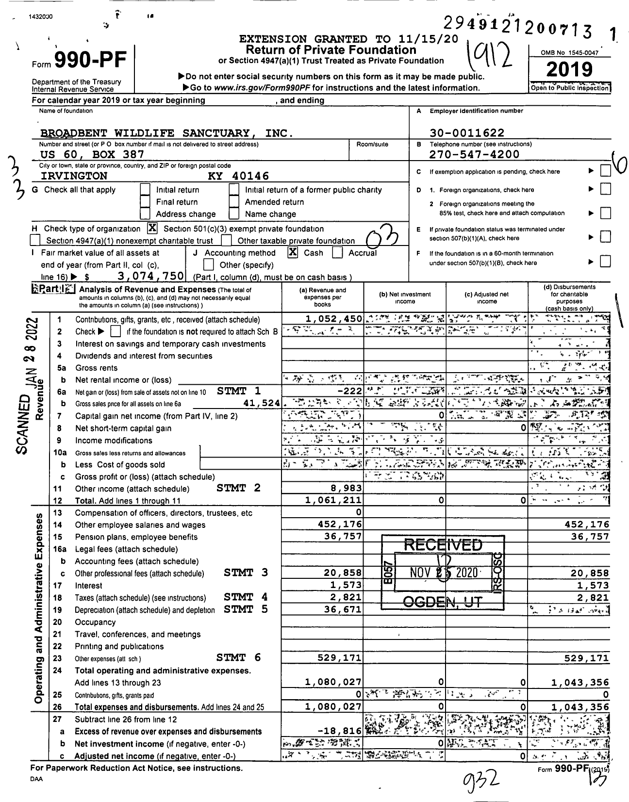 Image of first page of 2019 Form 990PF for Broadbent Wildlife Sanctuary