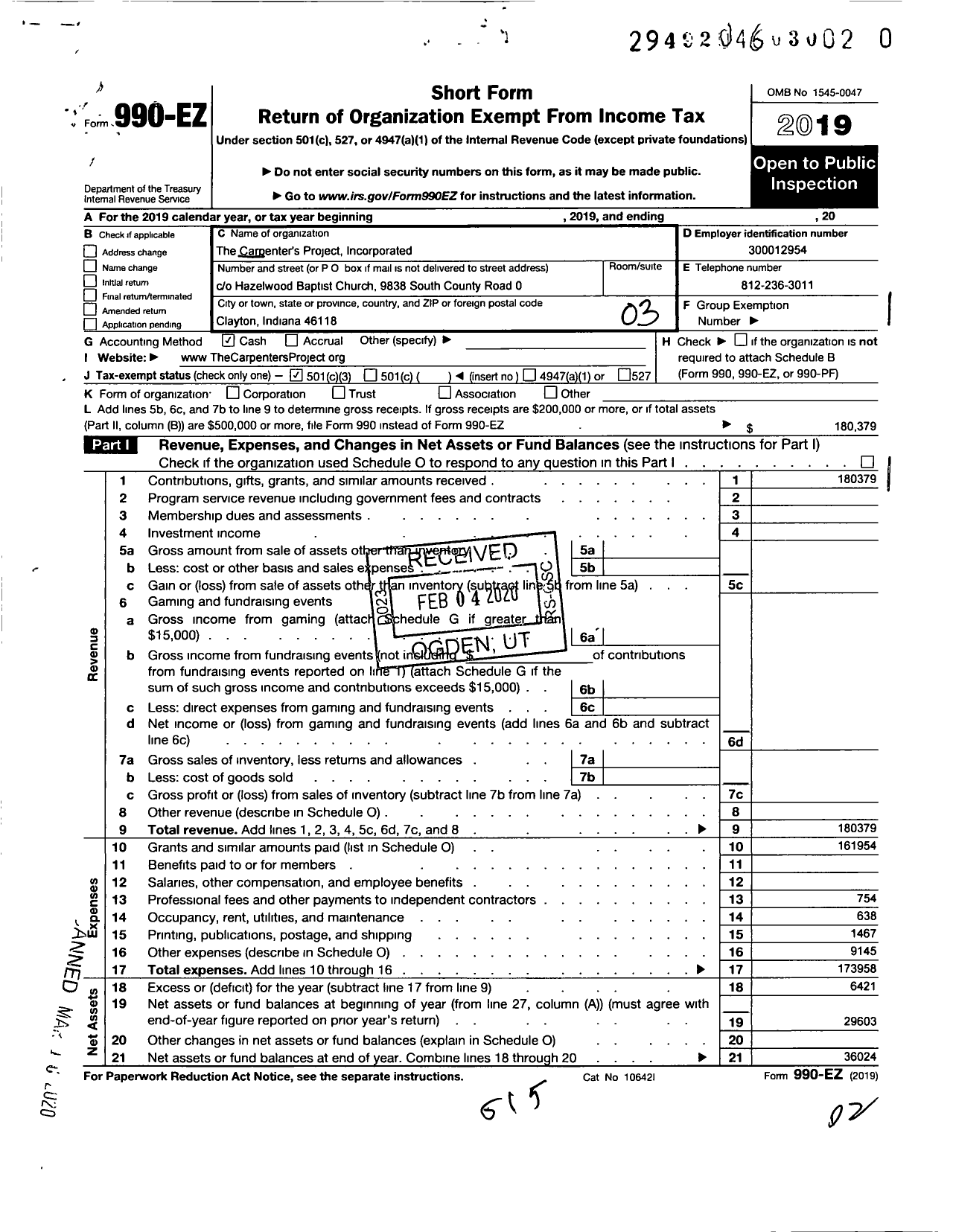 Image of first page of 2019 Form 990EZ for The Carpenter's Project Incorporated