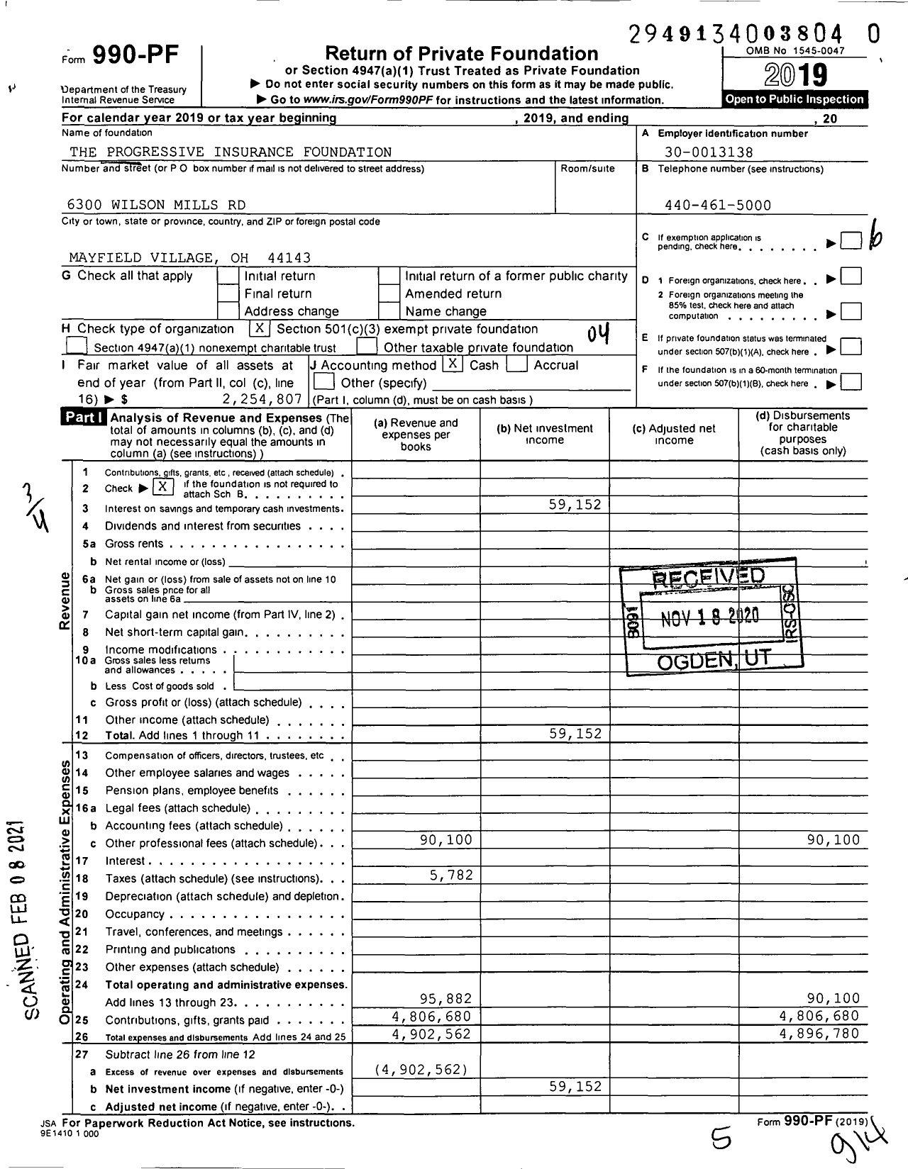 Image of first page of 2019 Form 990PF for Progressive Insurance Foundation