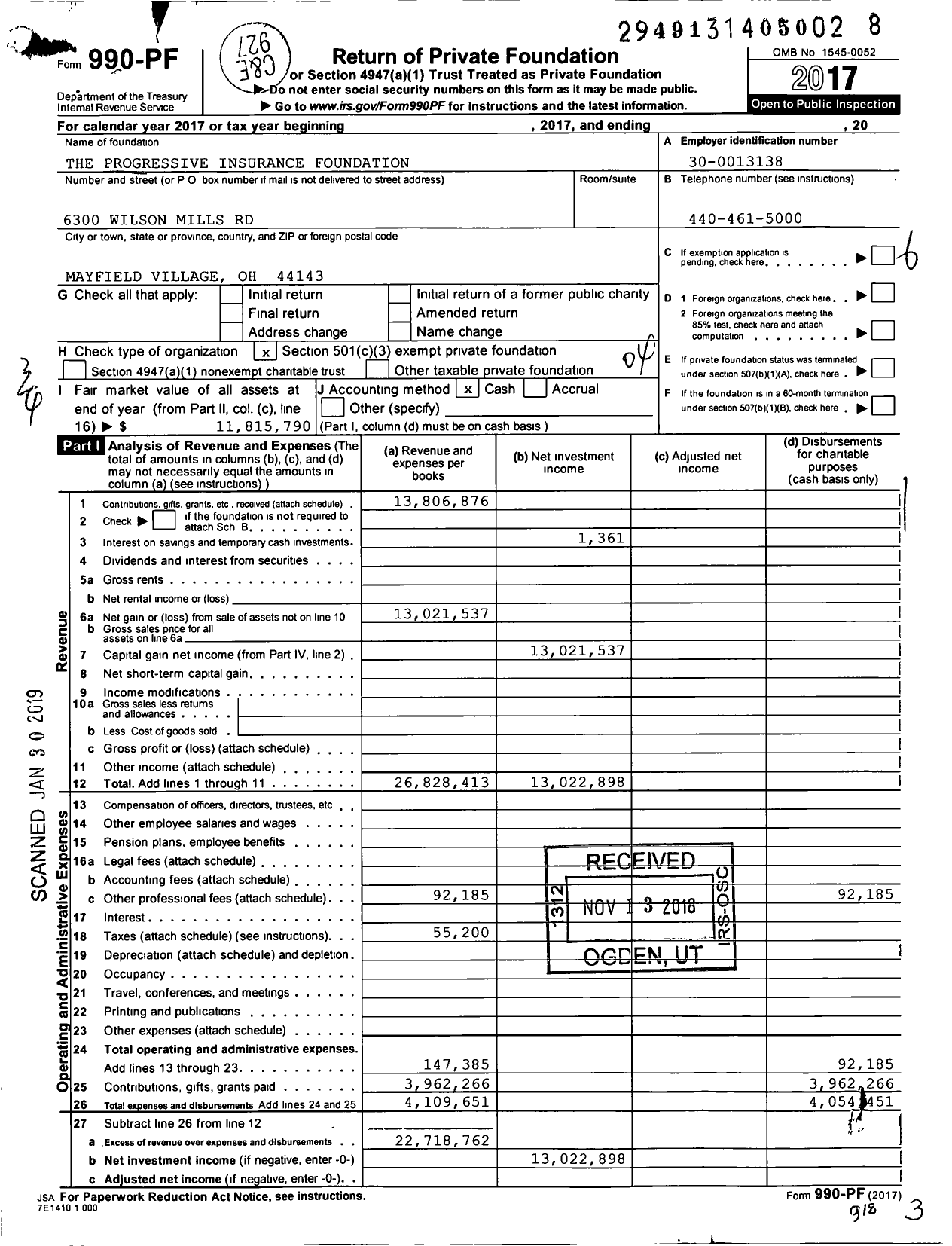 Image of first page of 2017 Form 990PF for Progressive Insurance Foundation