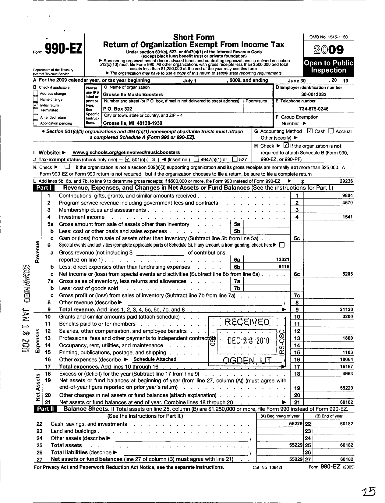 Image of first page of 2009 Form 990EZ for Grosse Ile Music Boosters