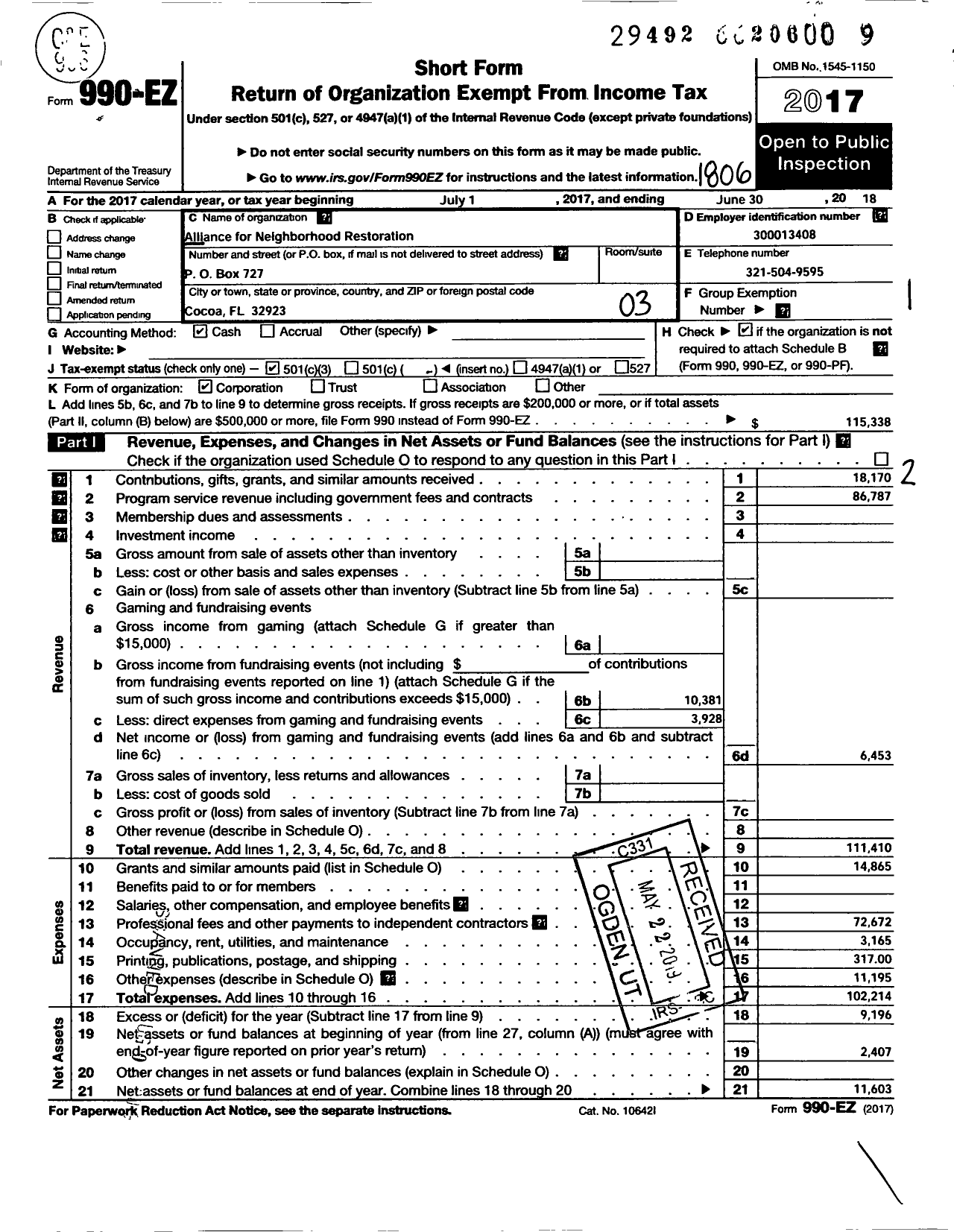 Image of first page of 2017 Form 990EZ for Alliance for Neighborhood Restoration