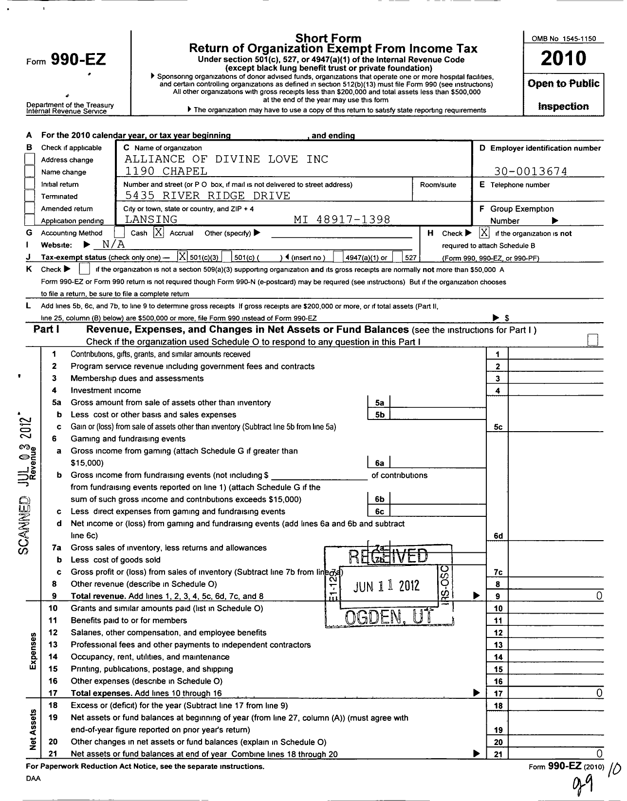 Image of first page of 2010 Form 990EZ for Alliance of Divine Love - 1190 Alliance of Divine Love Chapel