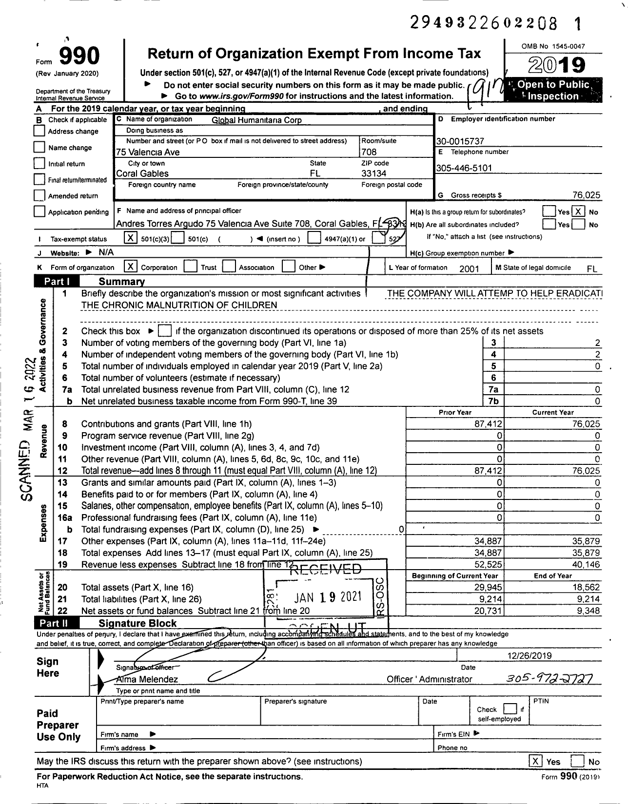 Image of first page of 2019 Form 990 for Global Humanitaria Corporation