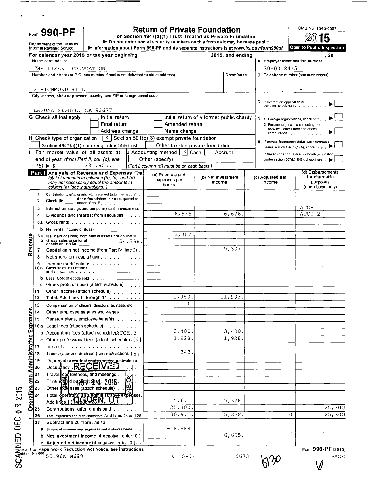 Image of first page of 2015 Form 990PF for The Pisani Foundation