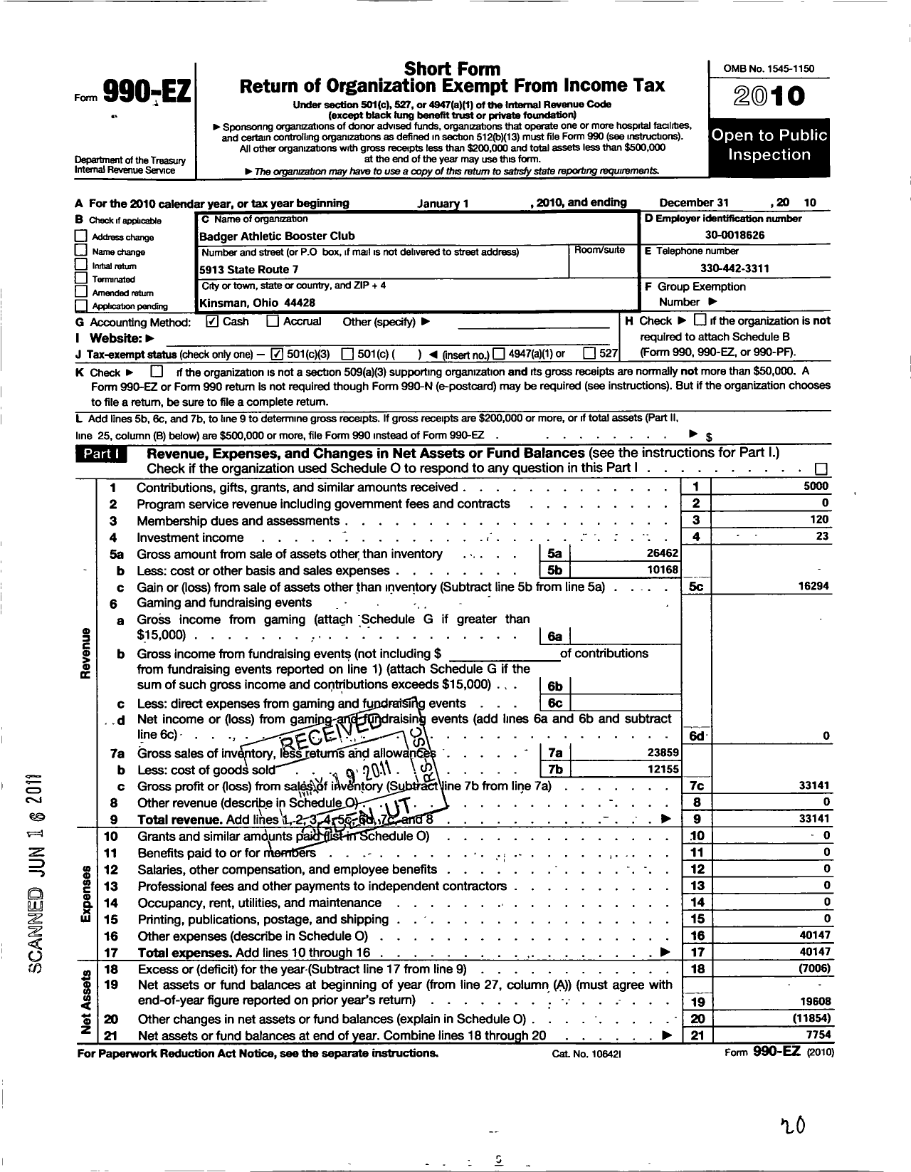 Image of first page of 2010 Form 990EZ for Badger Atlethic Booster Club