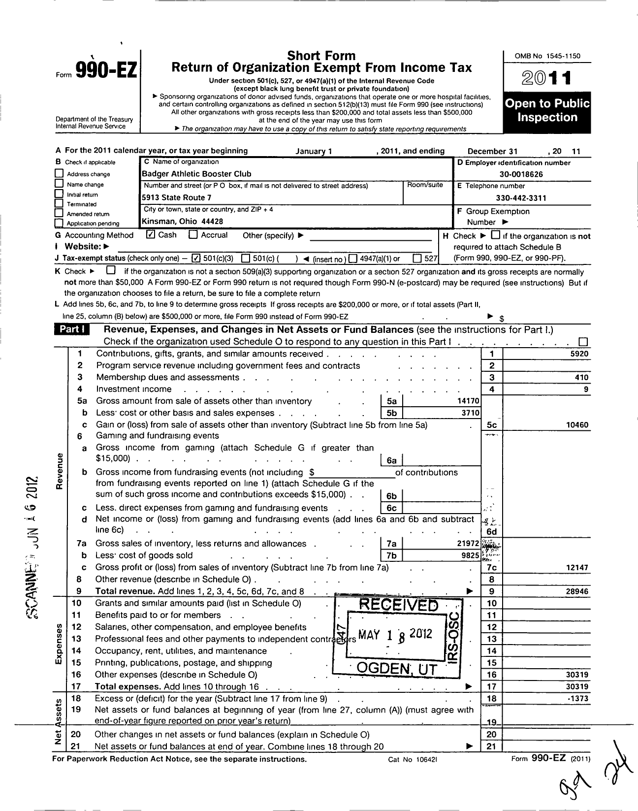 Image of first page of 2011 Form 990EZ for Badger Atlethic Booster Club