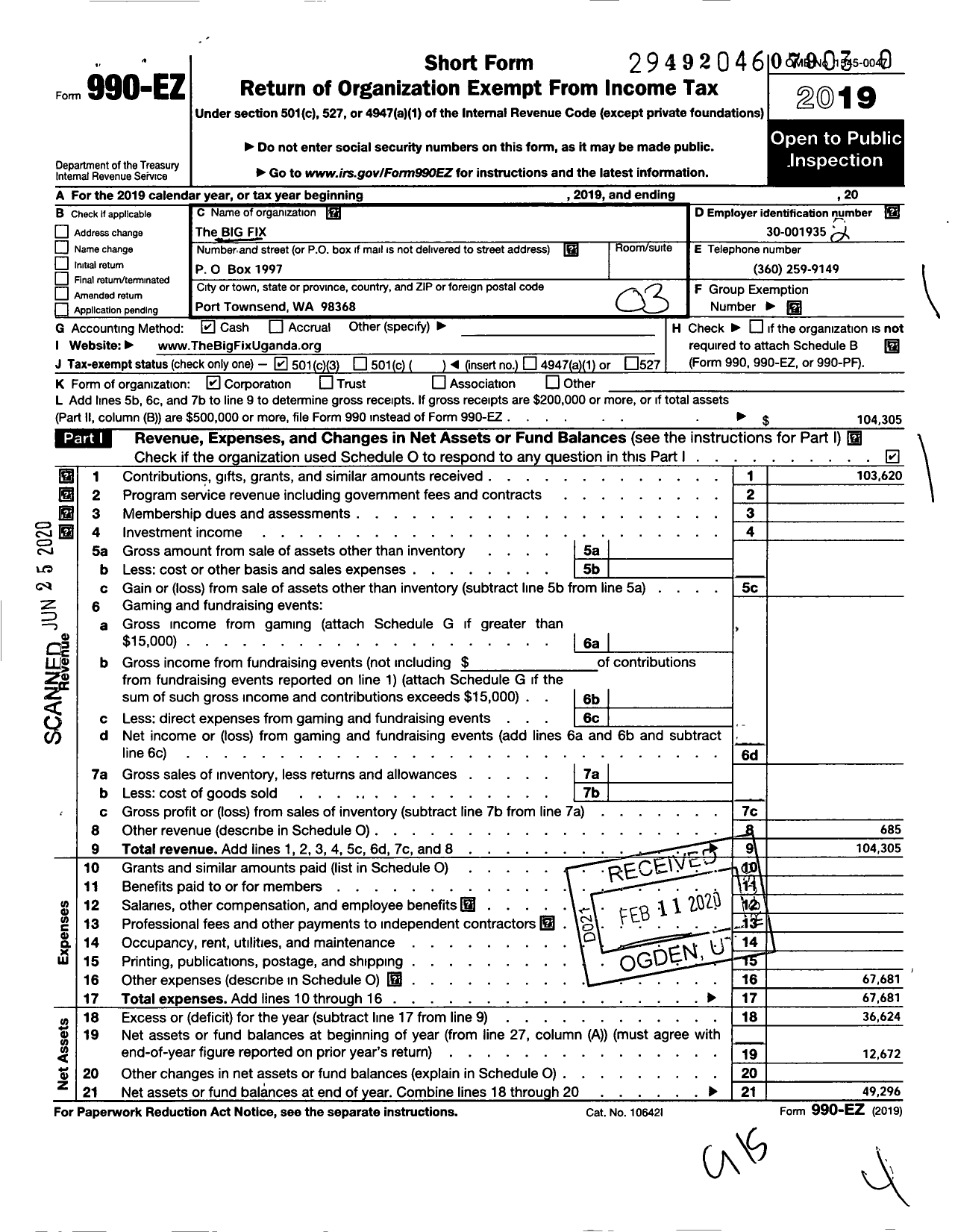 Image of first page of 2019 Form 990EZ for The Big Fix