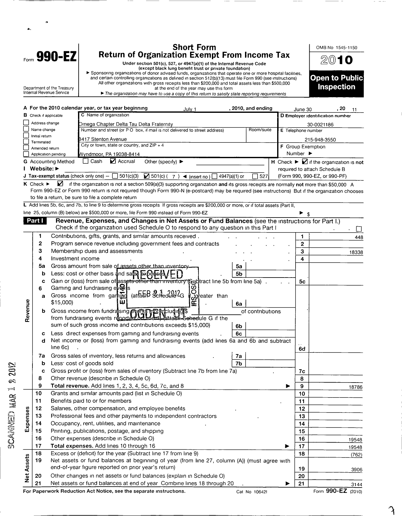 Image of first page of 2010 Form 990EO for Delta Tau Delta Fraternity