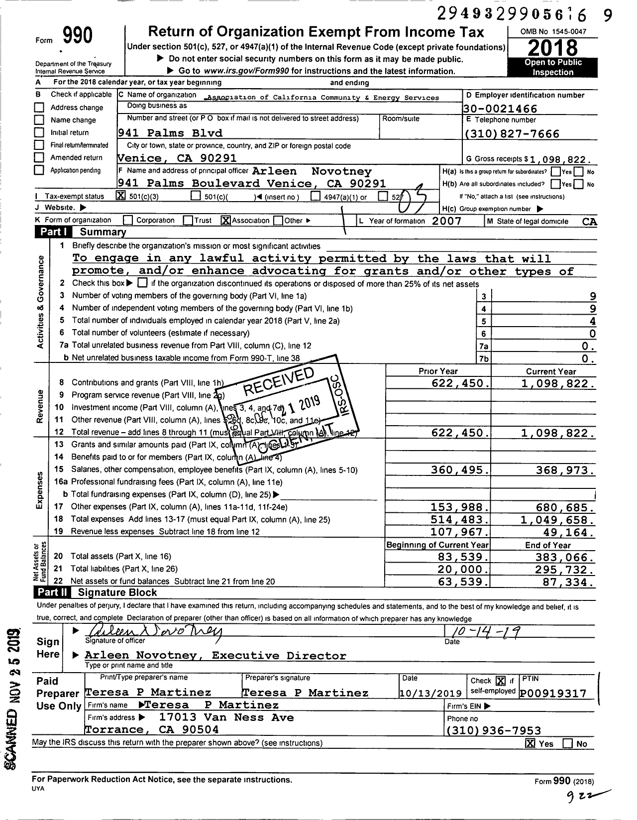 Image of first page of 2018 Form 990 for Association of California Community and Energy Services (ACCES)