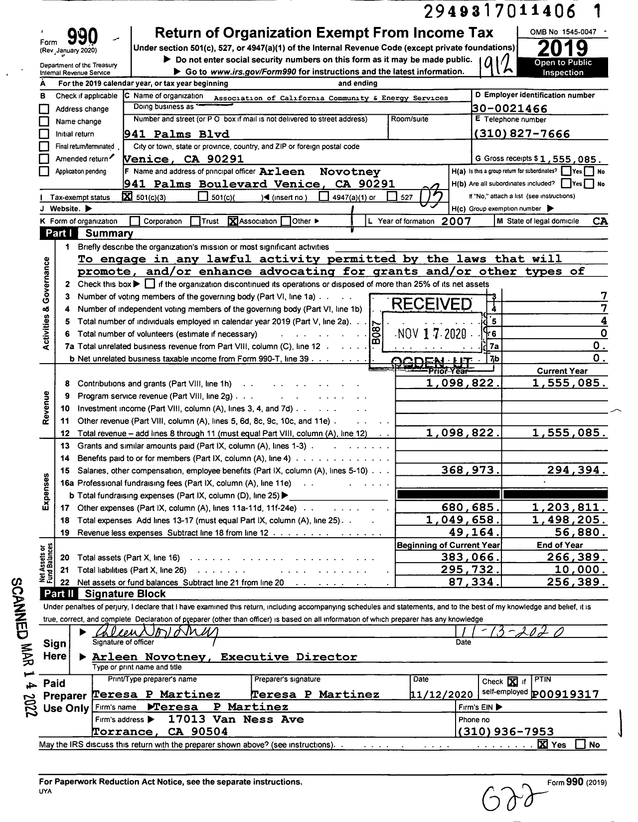 Image of first page of 2019 Form 990 for Association of California Community and Energy Services (ACCES)