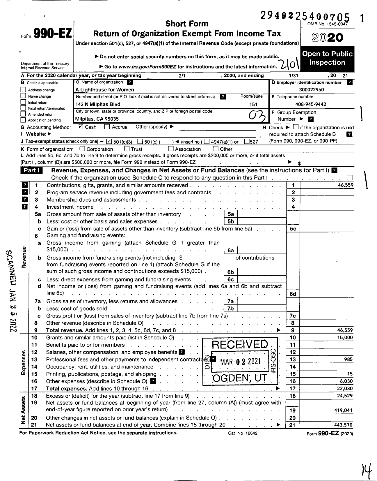 Image of first page of 2020 Form 990EZ for A Lighthouse for Women