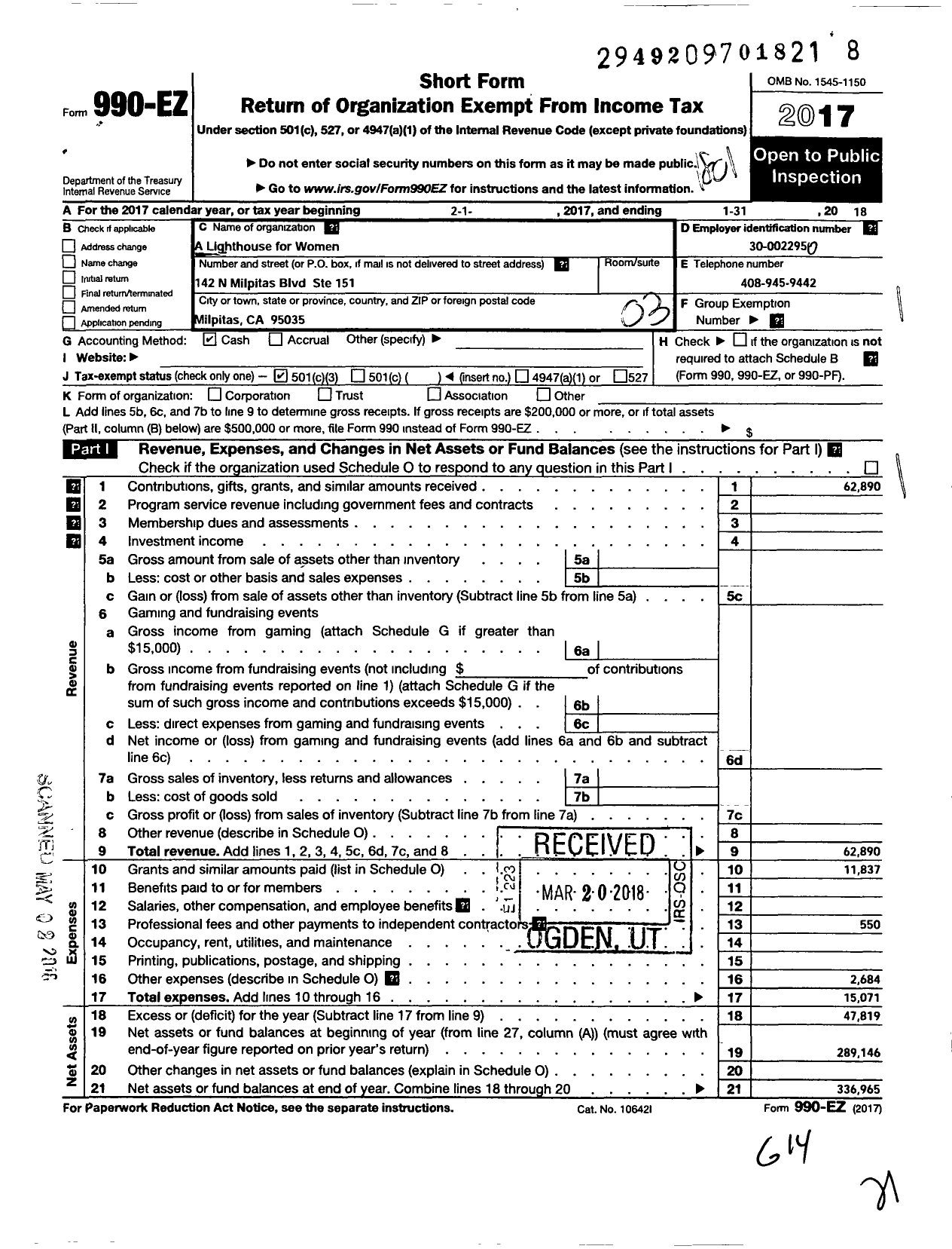 Image of first page of 2017 Form 990EZ for A Lighthouse for Women