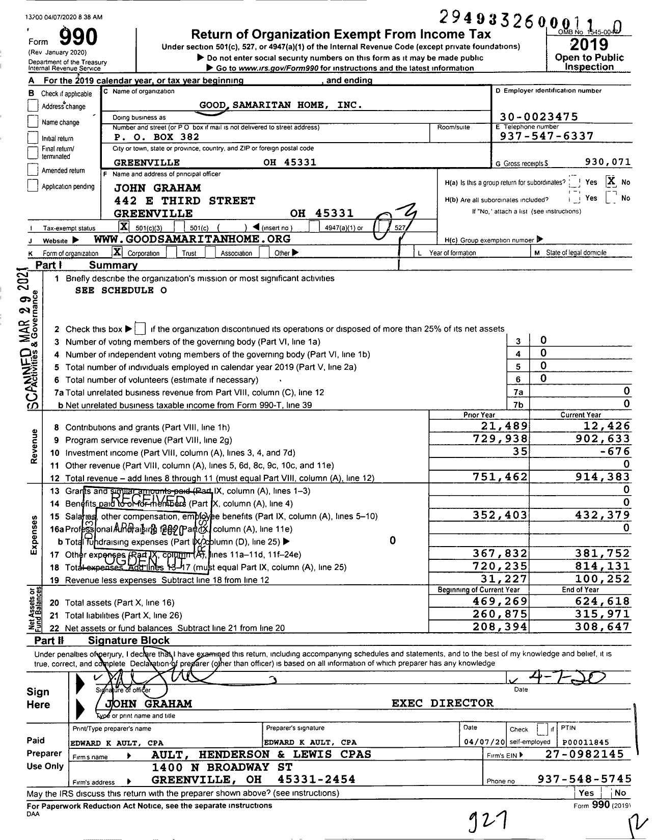 Image of first page of 2019 Form 990 for Good Samaritan Home