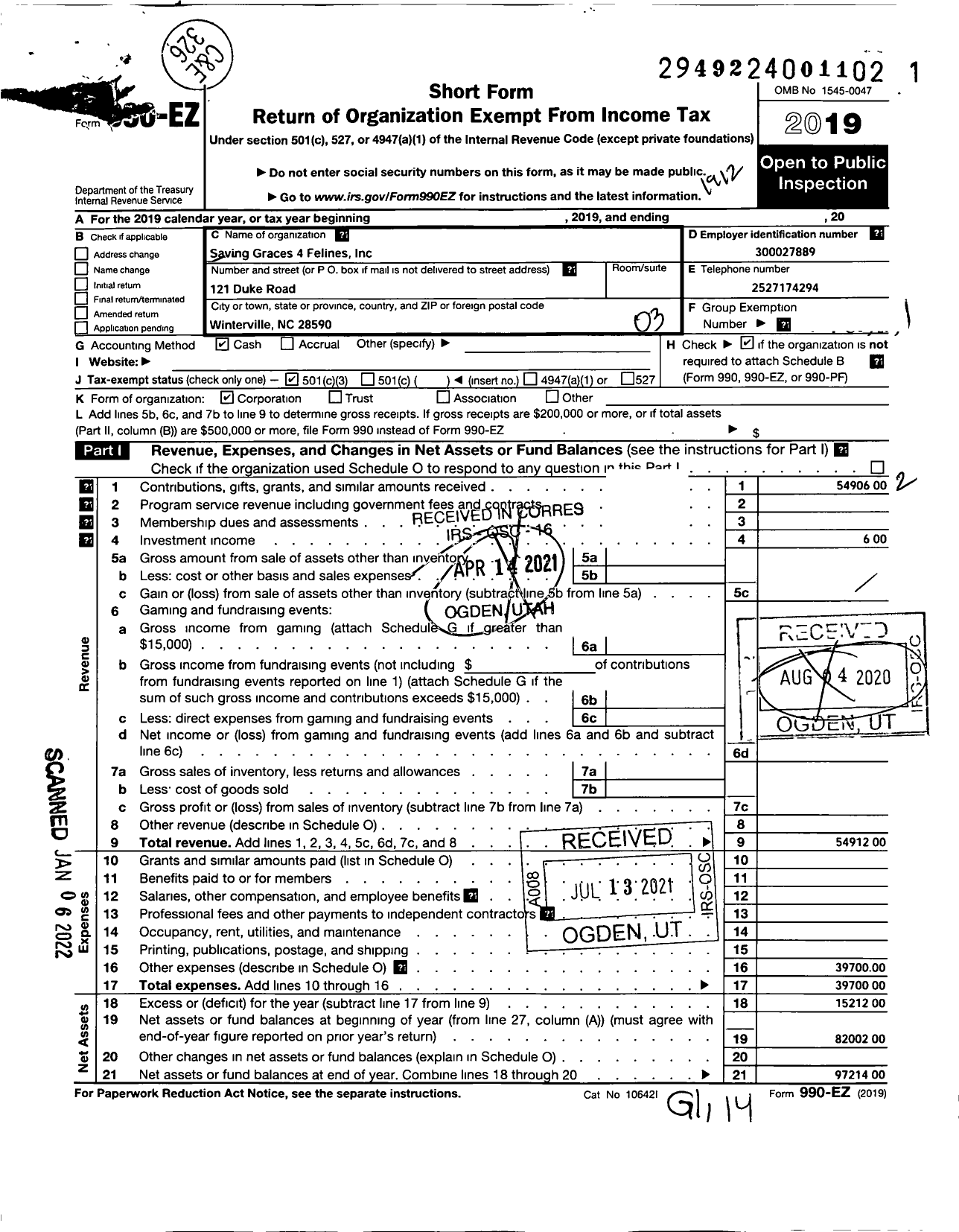 Image of first page of 2019 Form 990EZ for Saving Graces 4 Felines