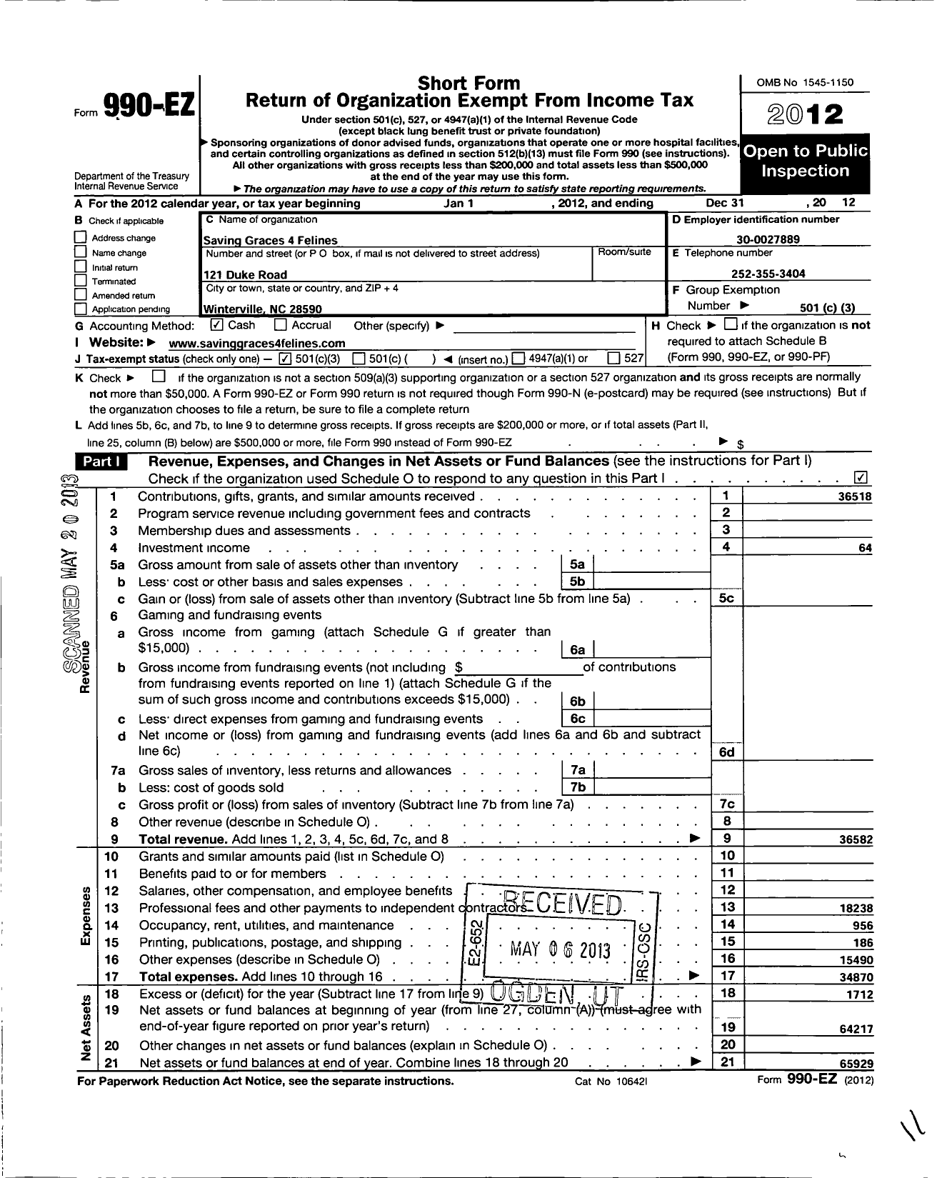 Image of first page of 2012 Form 990EZ for Saving Graces 4 Felines