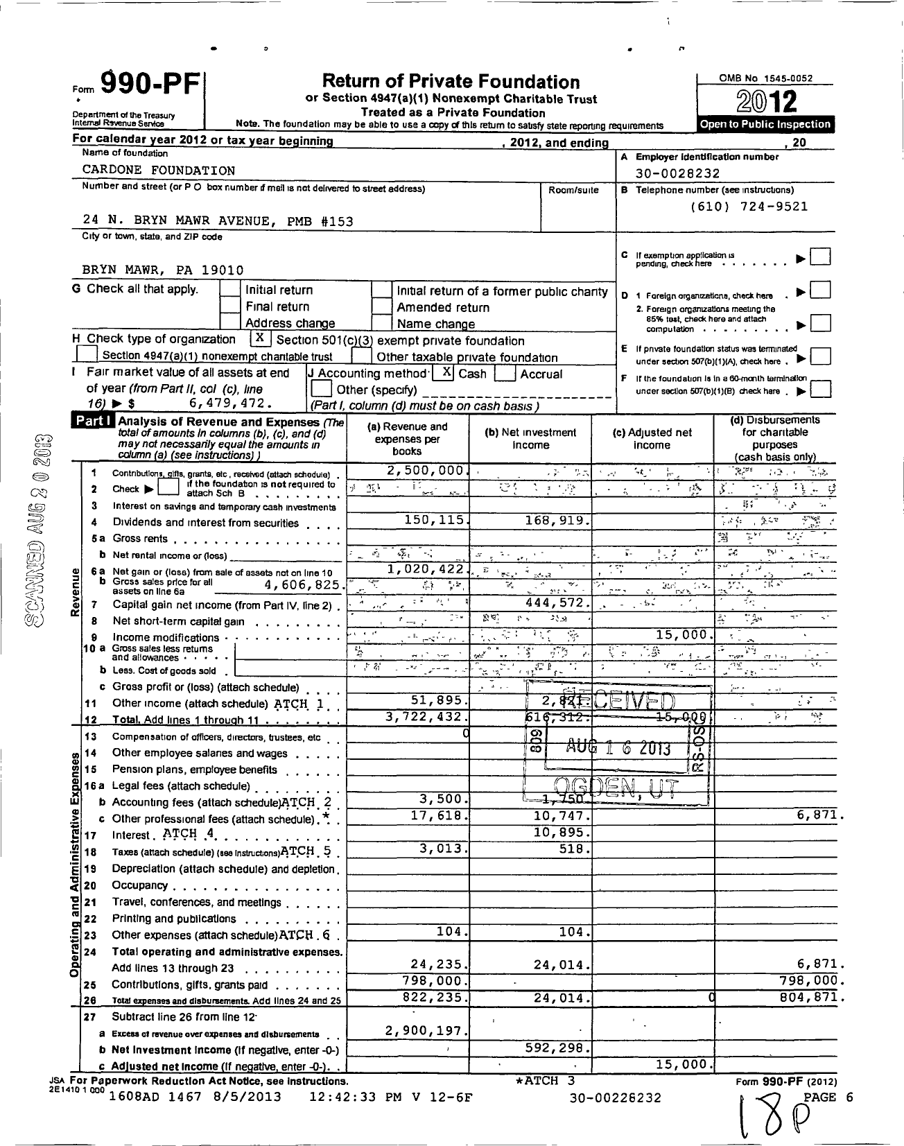 Image of first page of 2012 Form 990PF for Cardone Foundation