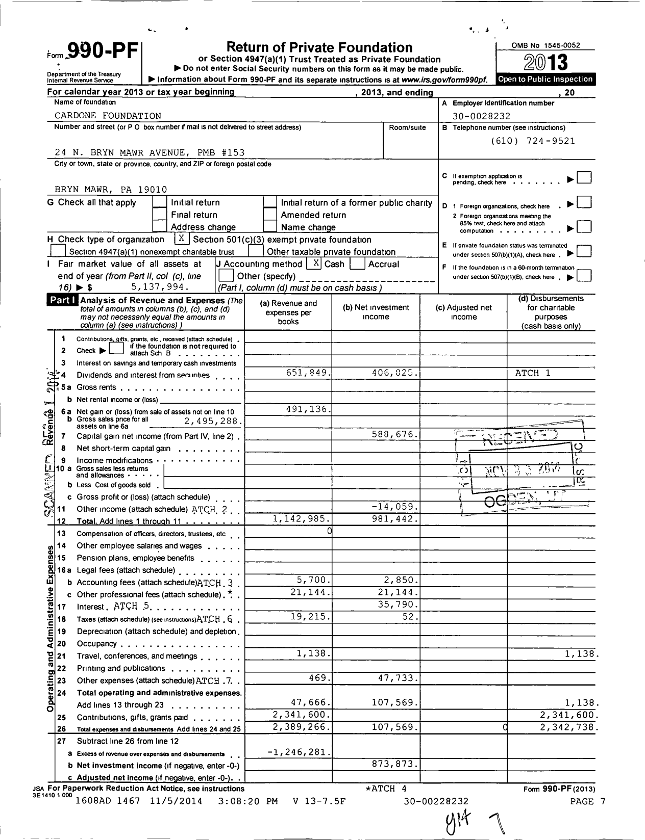 Image of first page of 2013 Form 990PF for Cardone Foundation