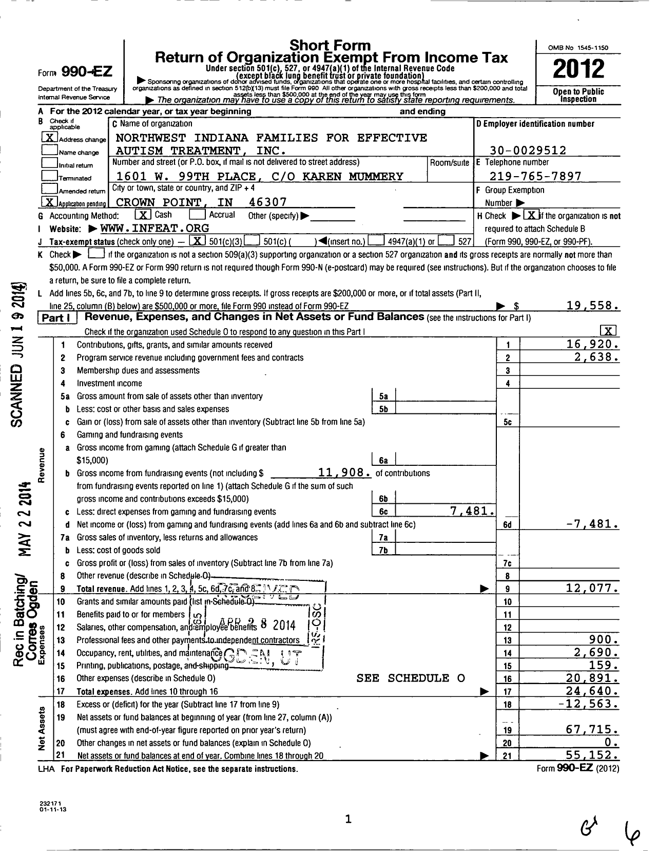 Image of first page of 2012 Form 990EZ for Northwest Indiana Familes for Effective Autism Treatment