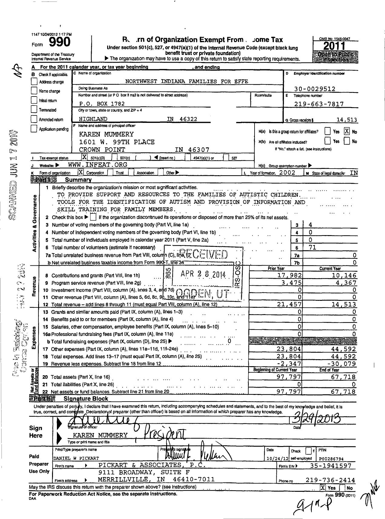 Image of first page of 2011 Form 990 for Northwest Indiana Familes for Effective Autism Treatment