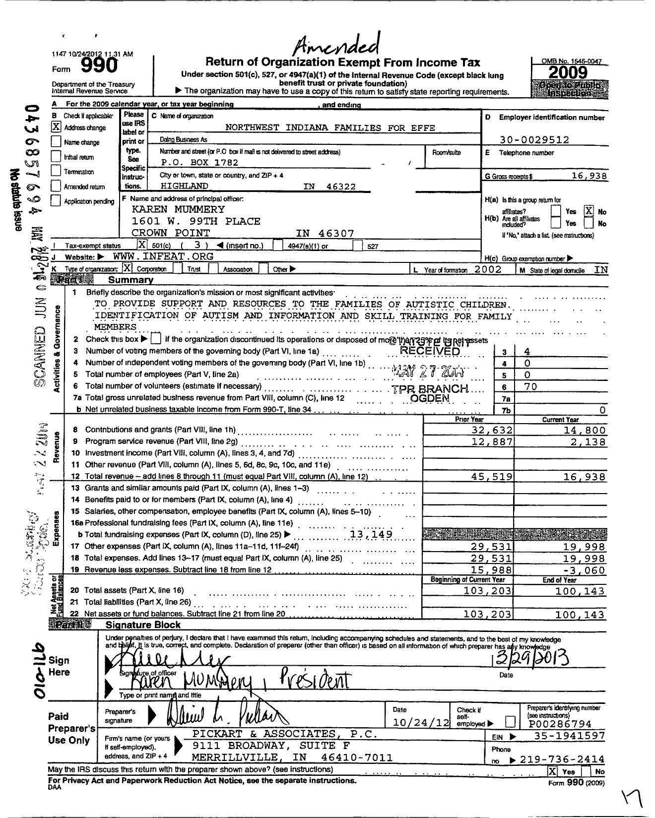 Image of first page of 2009 Form 990 for Northwest Indiana Familes for Effective Autism Treatment