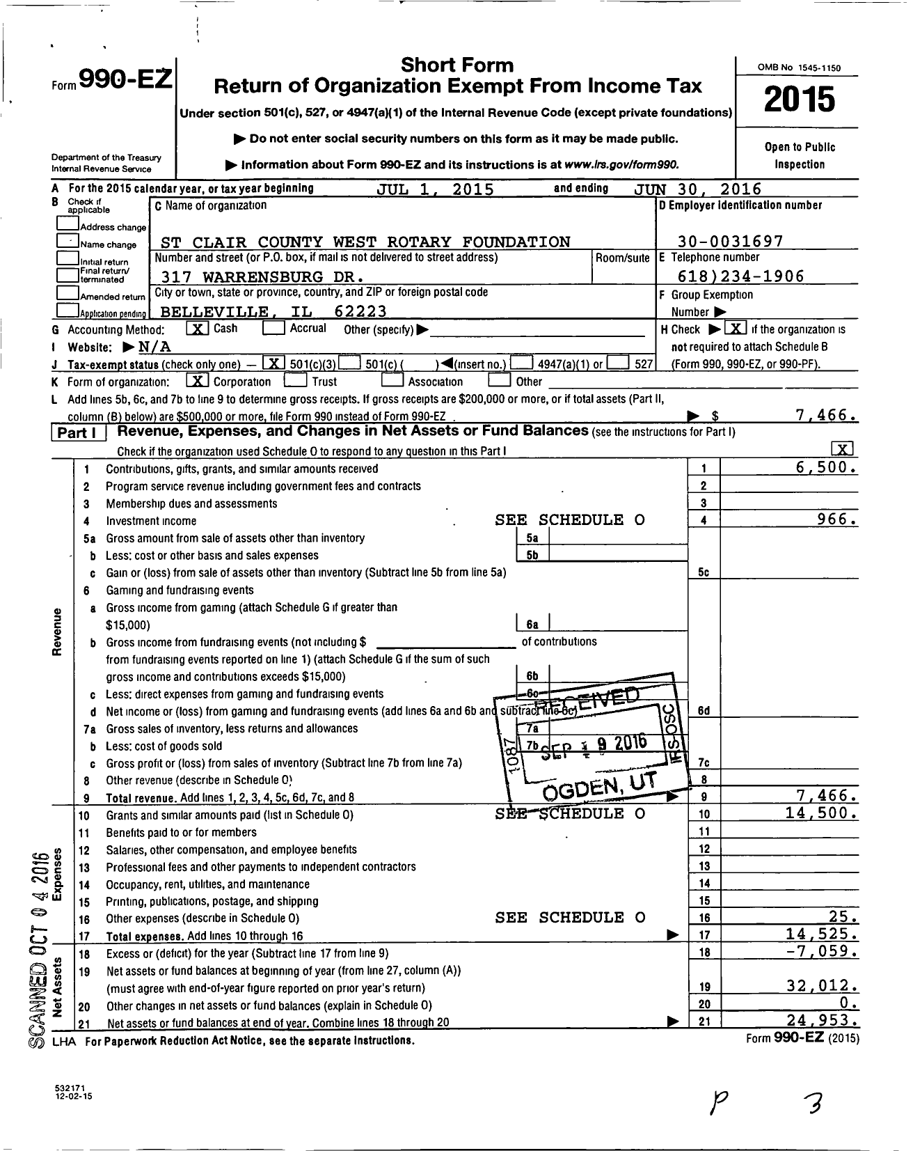 Image of first page of 2015 Form 990EZ for Belle Clair Rotary Foundation