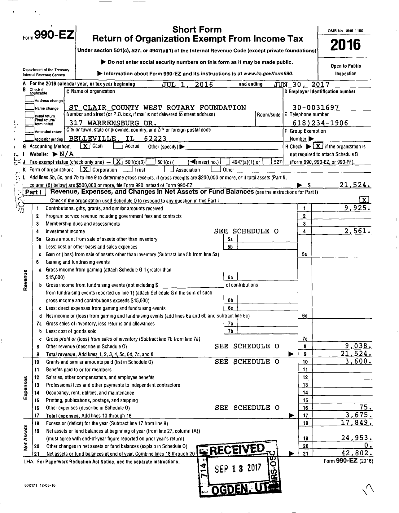 Image of first page of 2016 Form 990EZ for Belle Clair Rotary Foundation