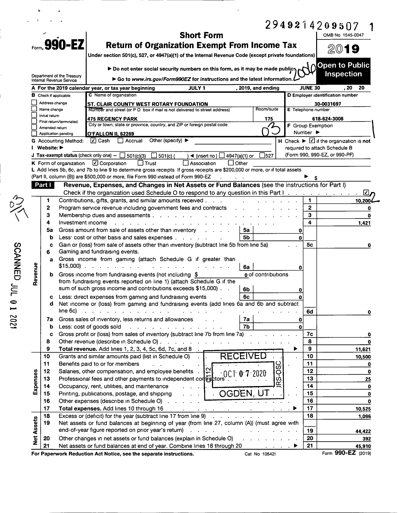 Image of first page of 2019 Form 990EZ for Belle Clair Rotary Foundation