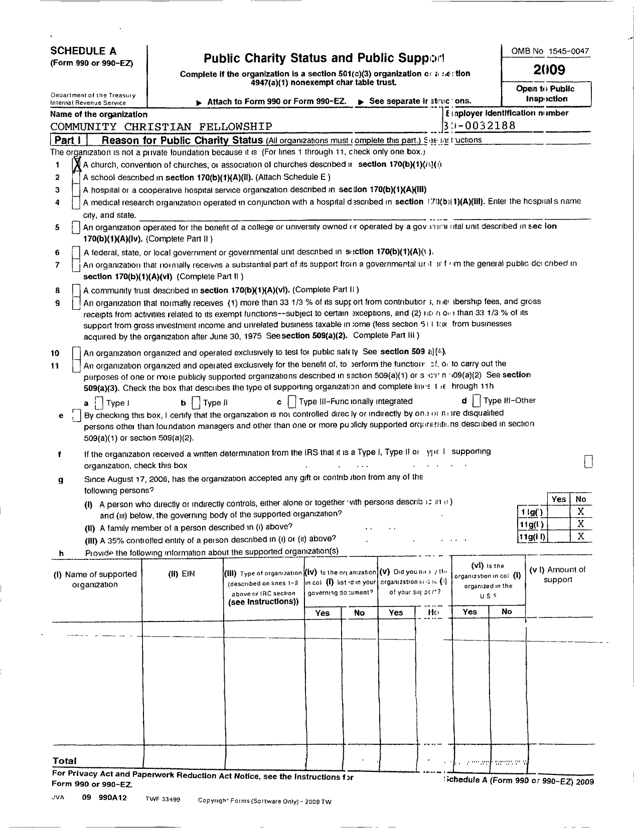 Image of first page of 2009 Form 990ER for Community Christian Fellowship