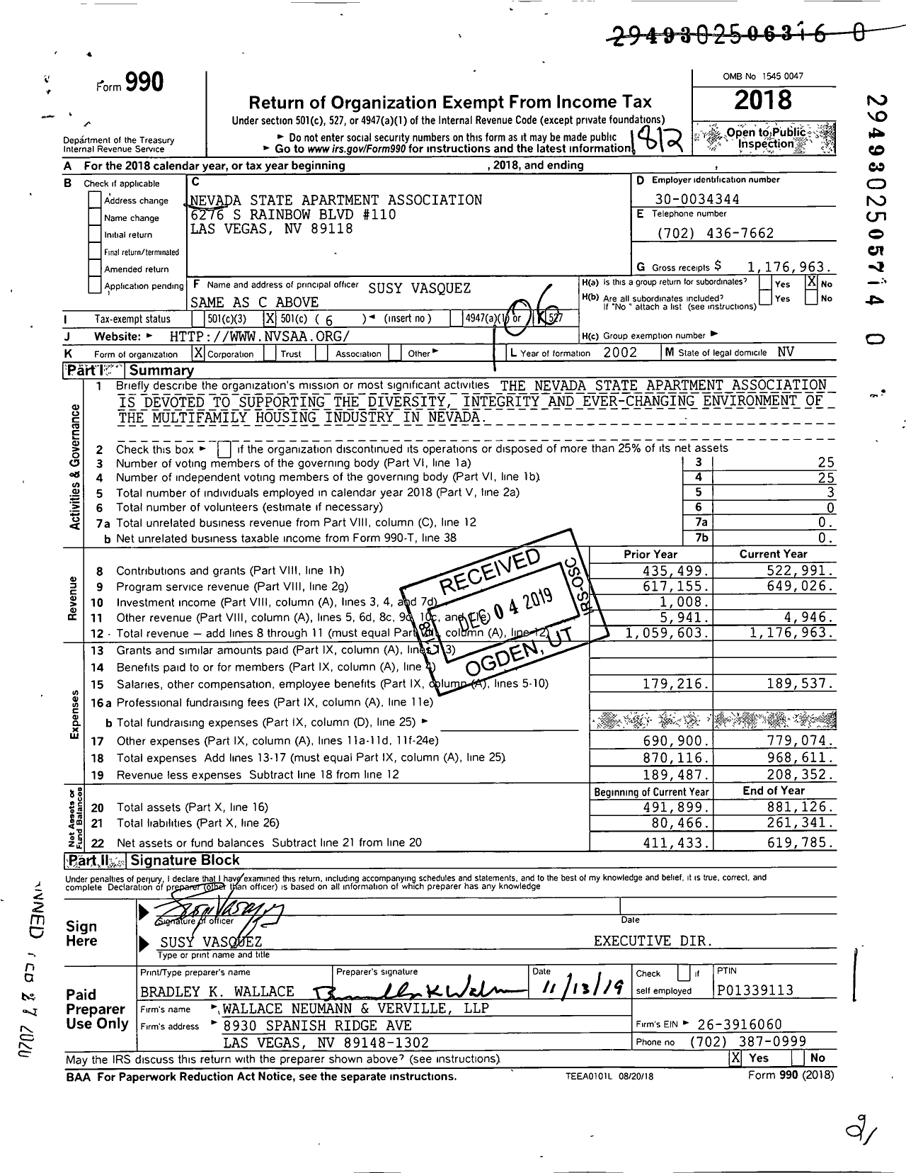 Image of first page of 2018 Form 990O for Nevada State Apartment Association