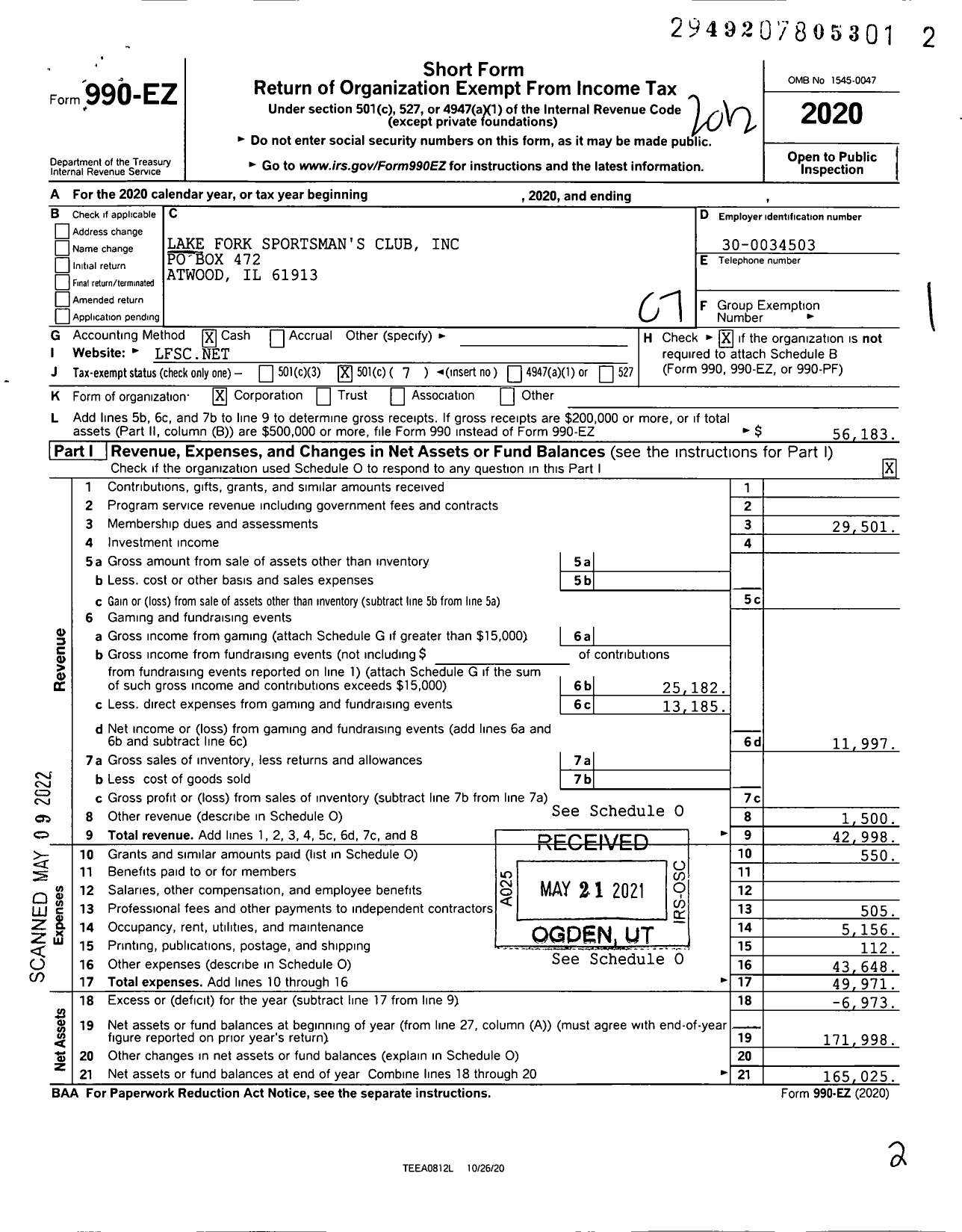 Image of first page of 2020 Form 990EO for Lake Fork Sportsmans Club