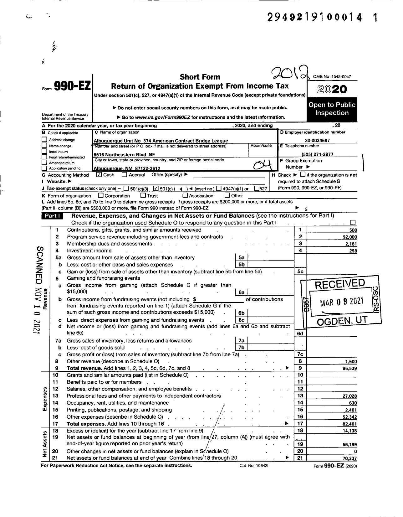 Image of first page of 2020 Form 990EO for Albuquerque Unit No 374 American Contract Bridge League