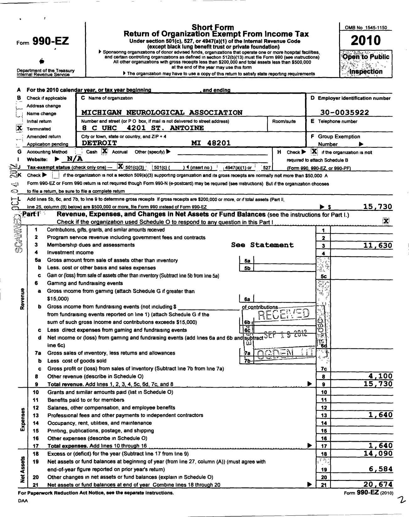 Image of first page of 2010 Form 990EZ for Michigan Neurological Association