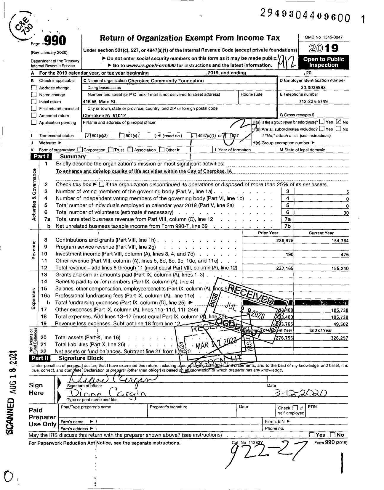 Image of first page of 2019 Form 990 for Cherokee Community Foundation