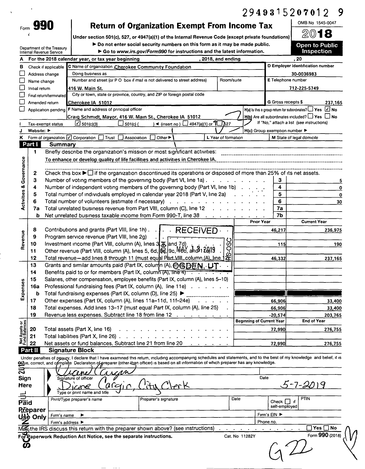 Image of first page of 2018 Form 990 for Cherokee Community Foundation