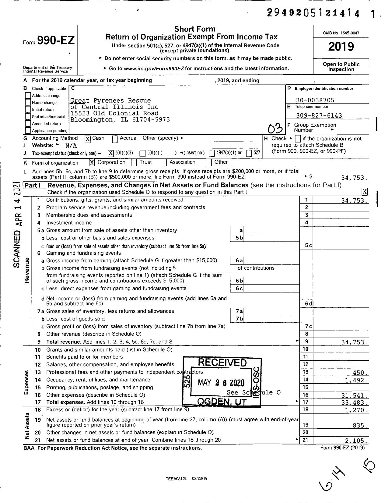 Image of first page of 2019 Form 990EZ for Great Pyrenees Rescue of Central Illinois