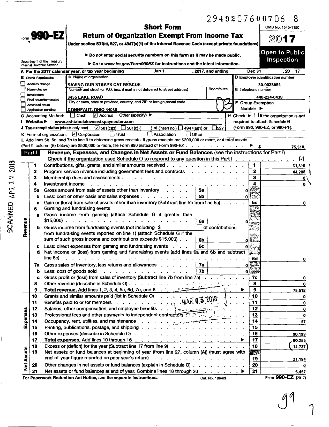 Image of first page of 2017 Form 990EZ for Saving Our Strays Cat Rescue