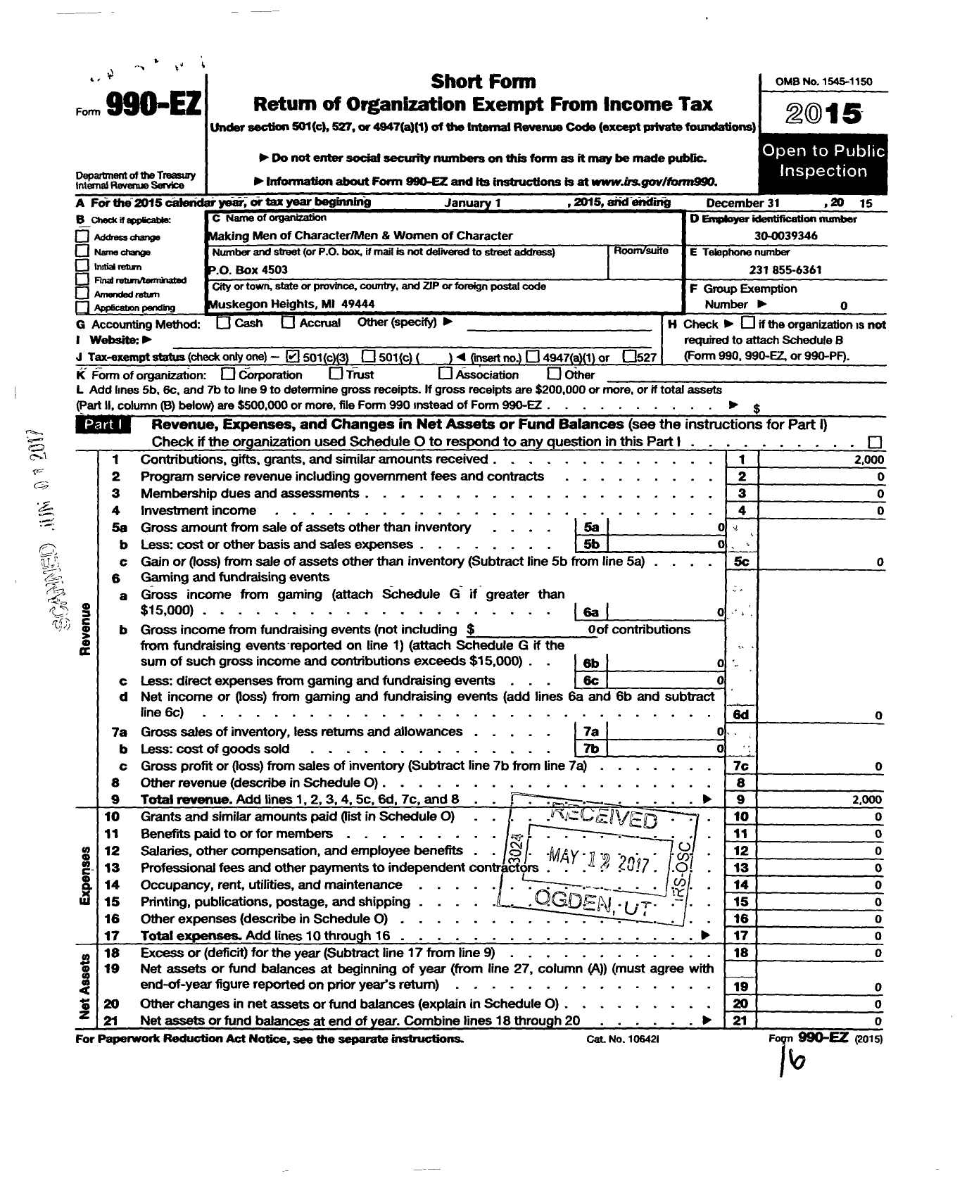 Image of first page of 2015 Form 990EZ for Making Men of Character