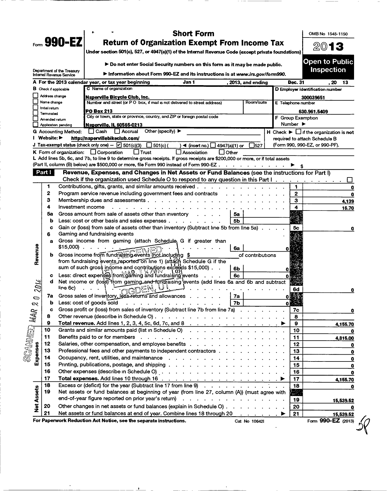 Image of first page of 2013 Form 990EZ for Naperville Bicycle Club