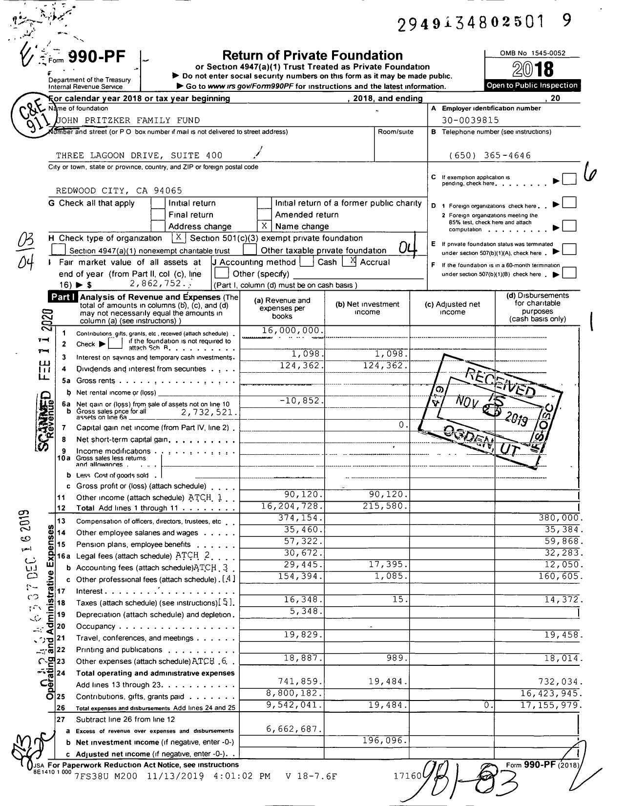 Image of first page of 2018 Form 990PF for John Pritzker Family Fund