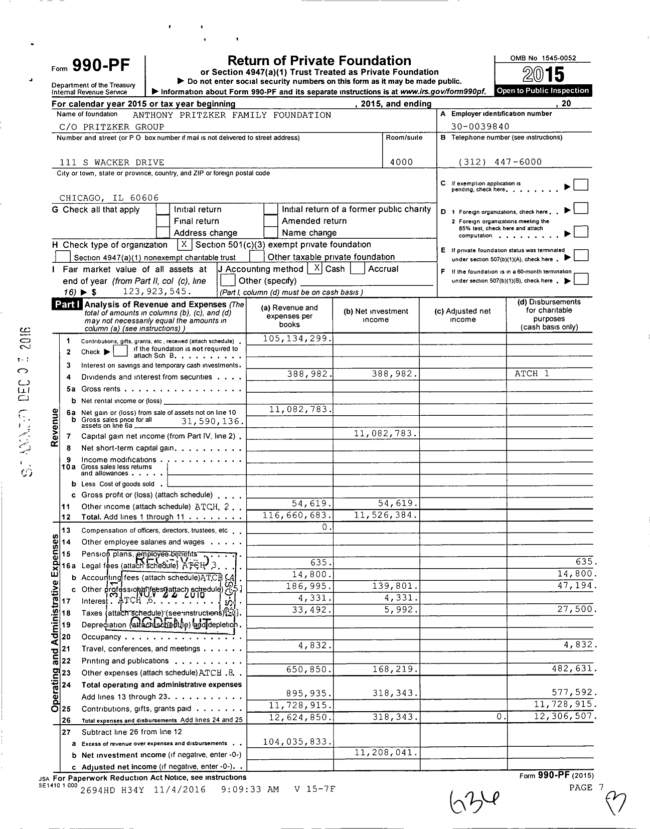 Image of first page of 2015 Form 990PF for Anthony Pritzker Family Foundation